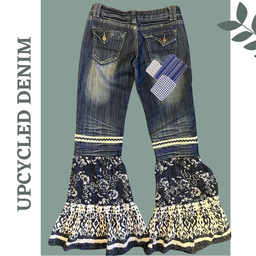 Upcycled Denim Patchwork Flare Jeans Boho Y2K 27 - Picture 4 of 9